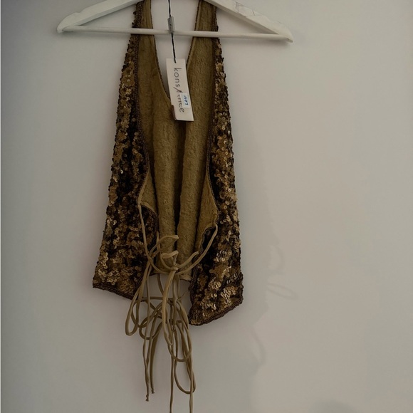 Gold Sequin y2k vintage Halter Top | Lace-Up Back | holiday NYE Party Glam NWT - Picture 2 of 3